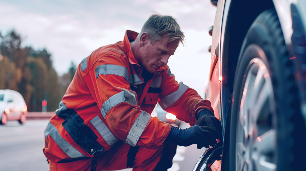 Tiepalvelun ammattilainen huoltamassa tielle sammunutta autoa